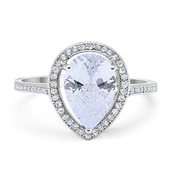 14K White Gold Halo Teardrop Bridal Ring Pear Round Cubic Zirconia Size-7